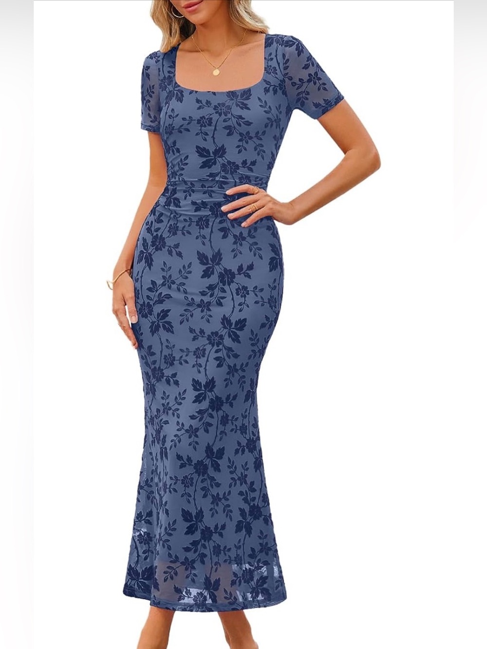 Square Neck Navy Floral Midi Dress